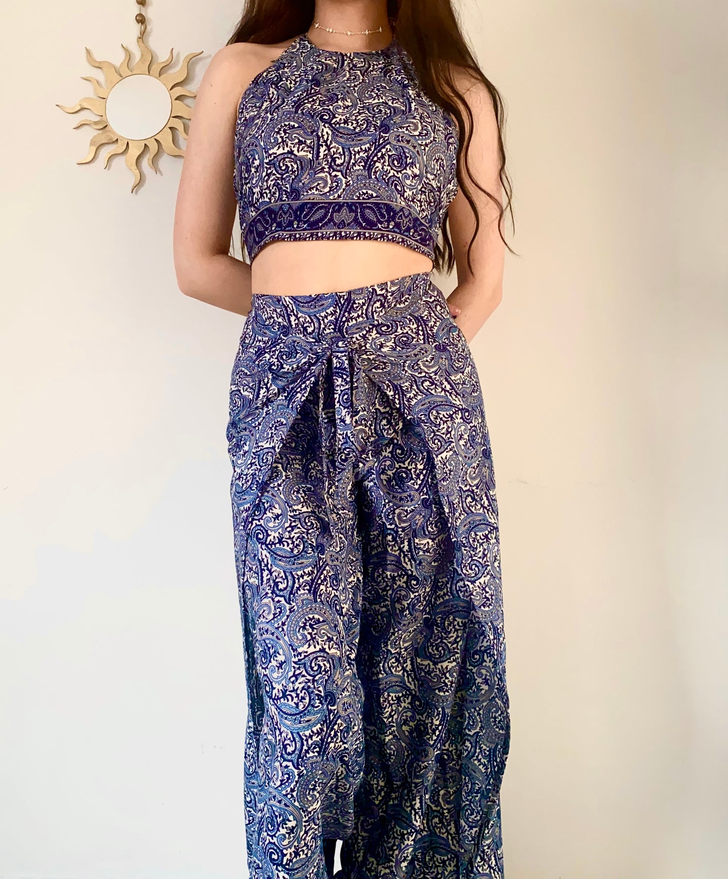 Silky Paisley Print Halter Top Set