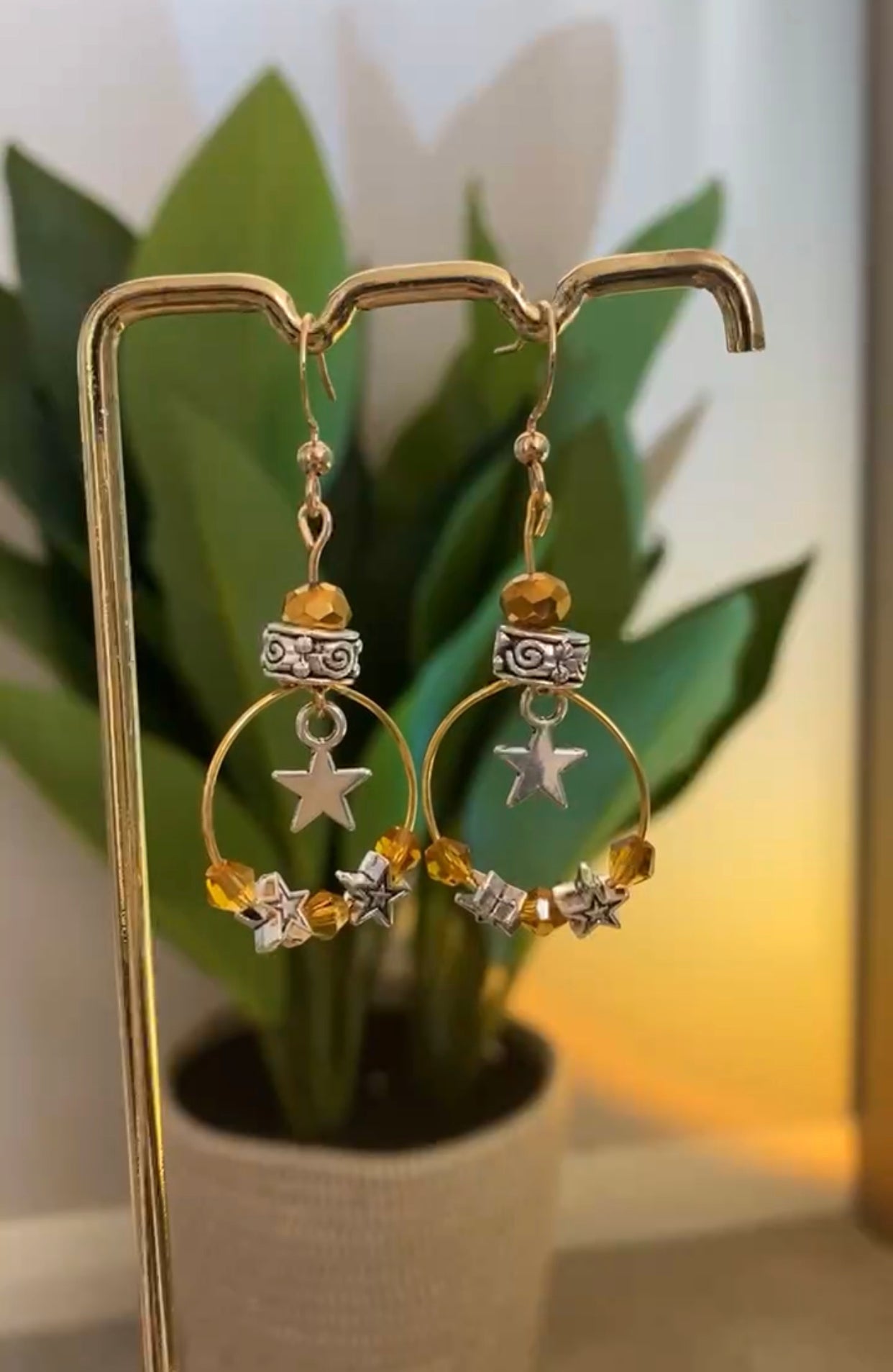 Gold Amber Silver Star Gold Hoop Earrings