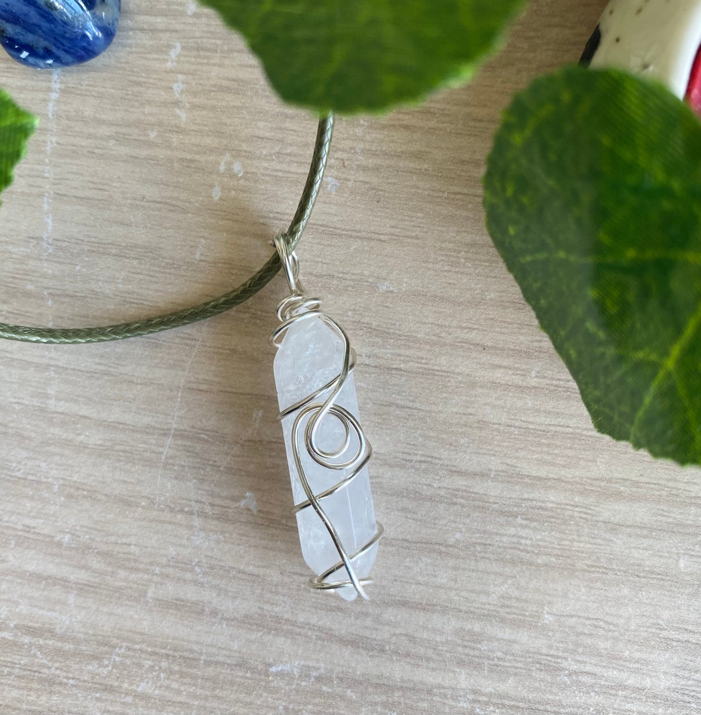 Clear Quartz Silver Vine Green Cord Necklace