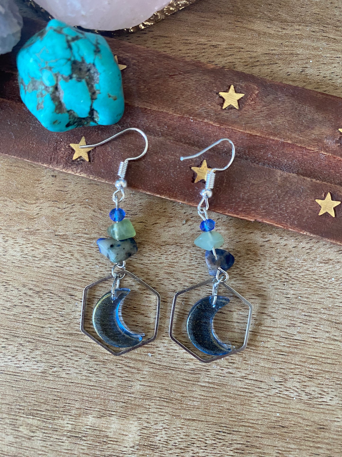 Mixed Crystal Glass Moon Hexagon Earrings