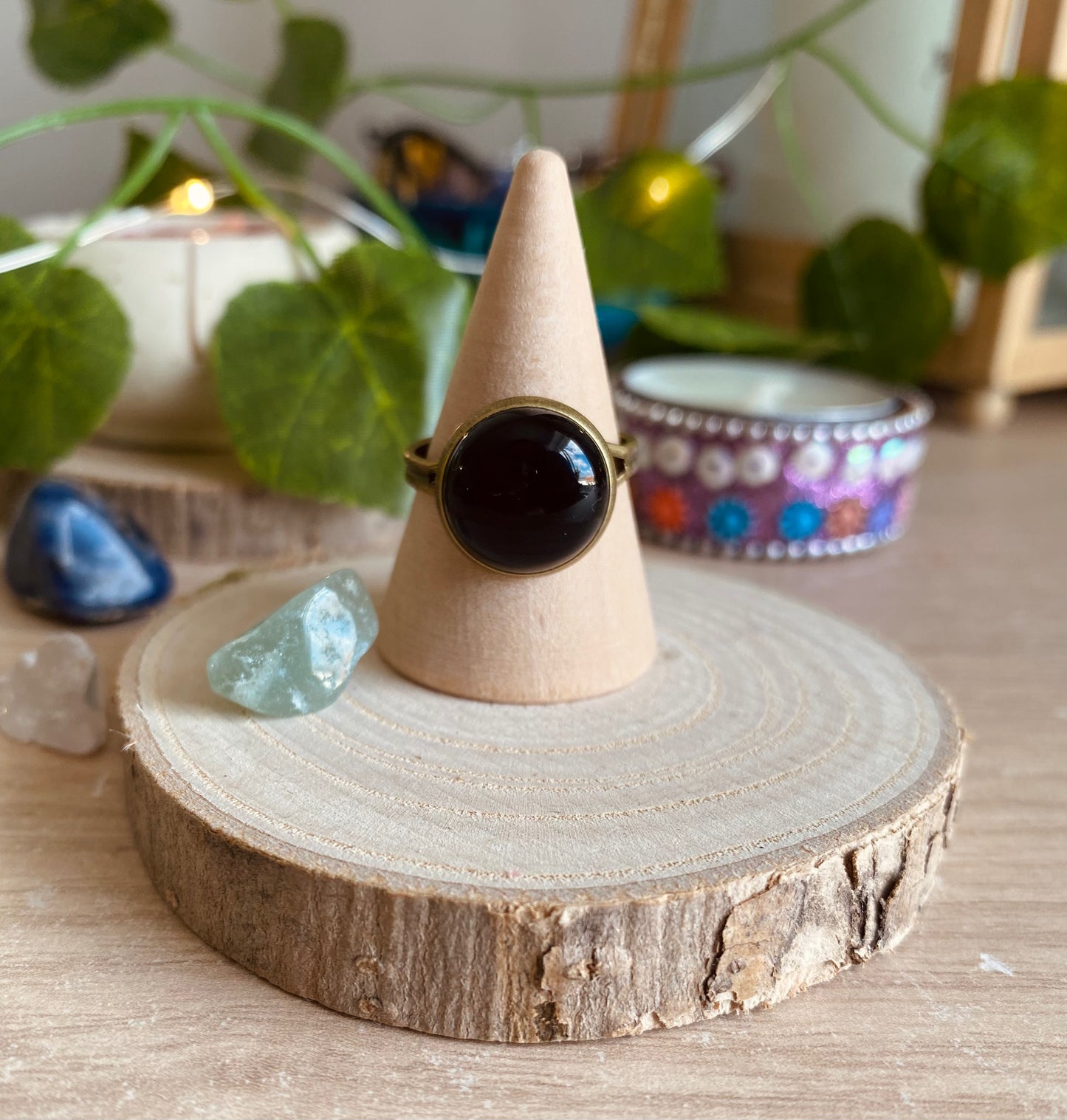 Antique Bronze Black Obsidian Ring