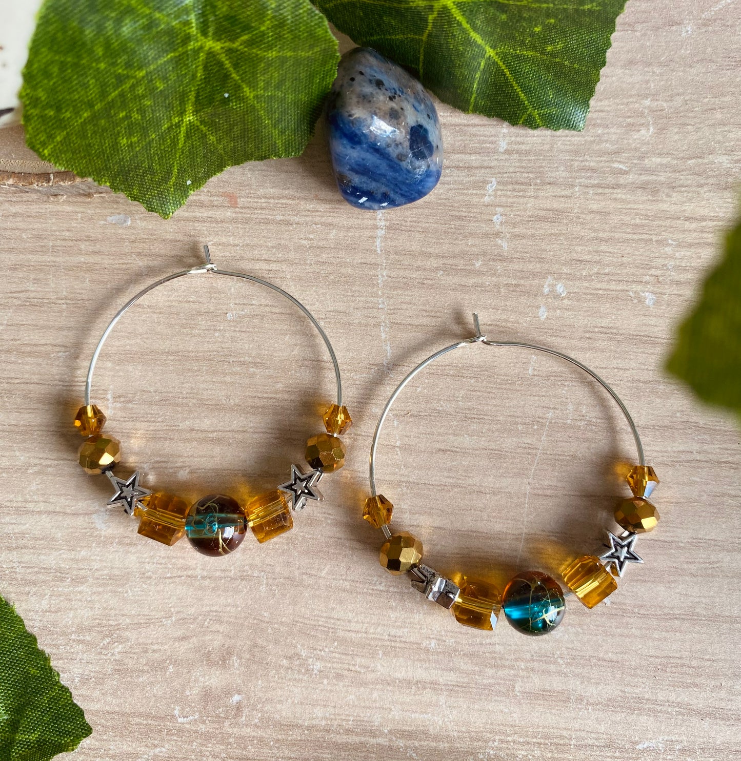 Mixed Bead Star Hoops Silver