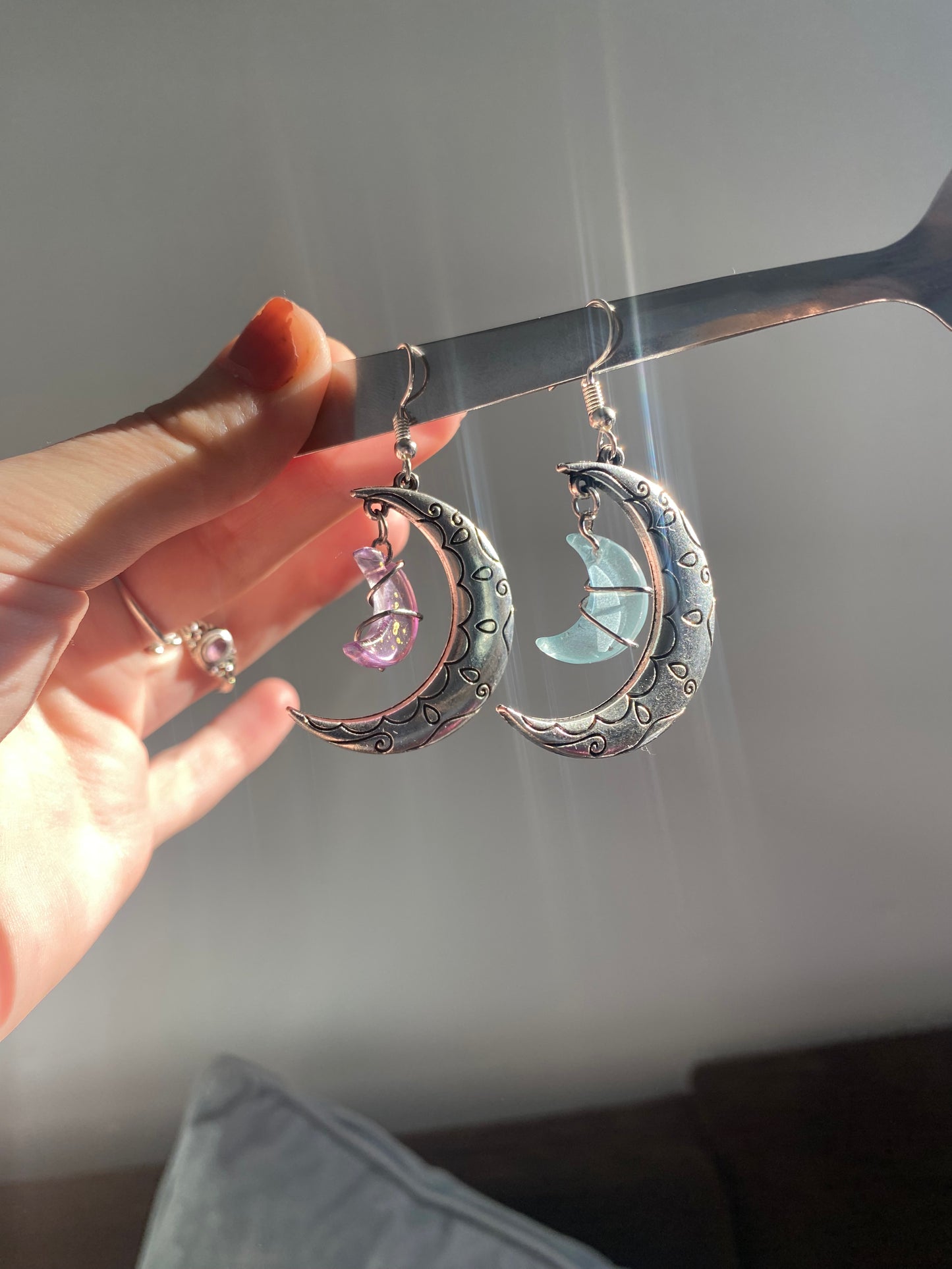 Glass Silver wrapped Moon earrings