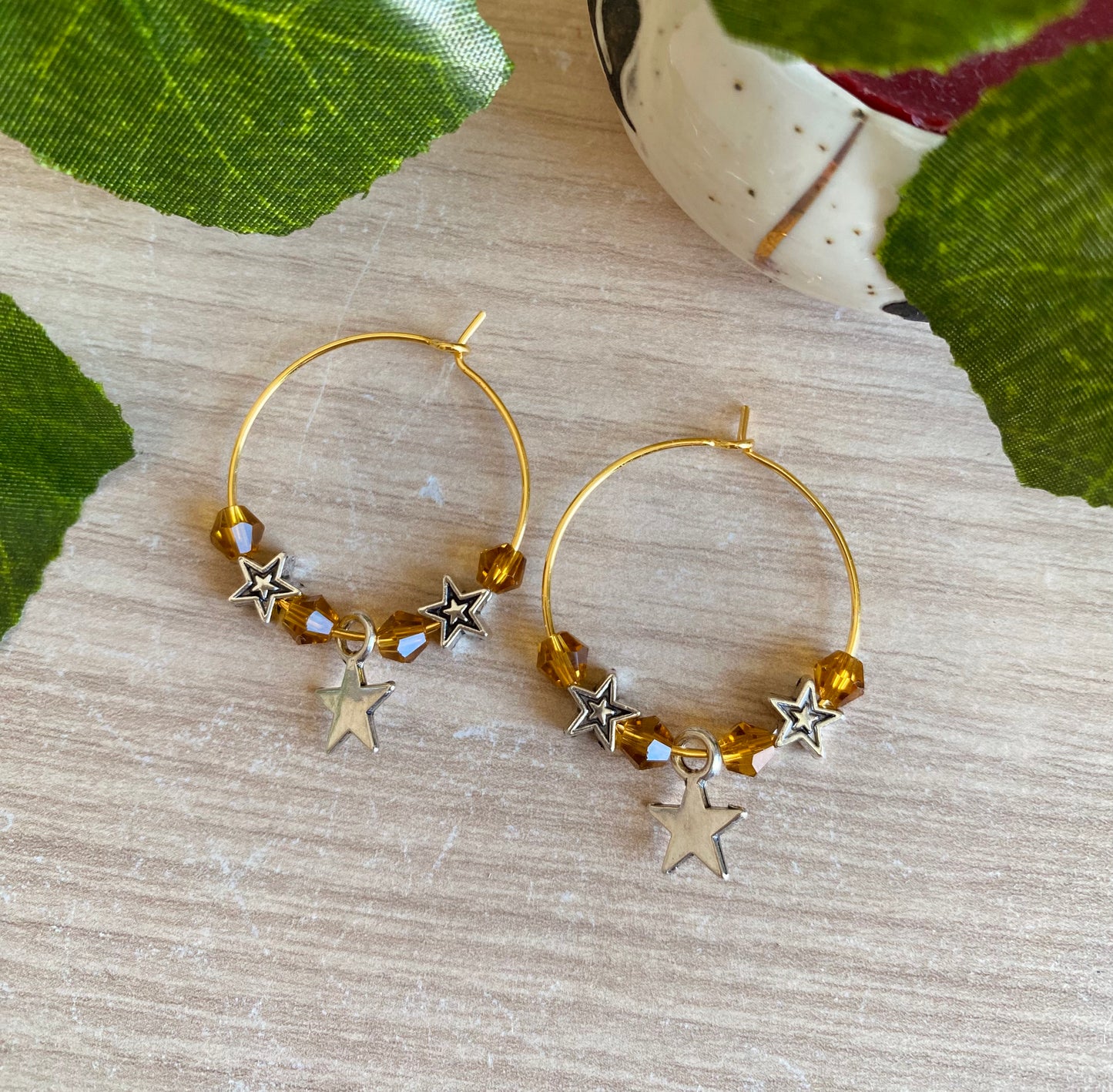 Amber Bead Star Hoops Gold