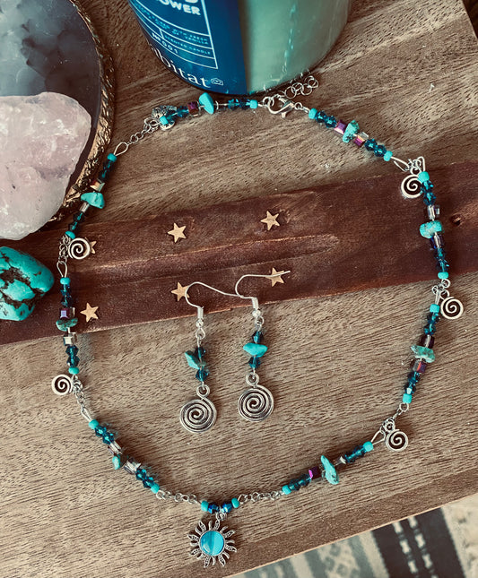 Turquoise Crystal Spiral Sun Necklace And Earrings Set