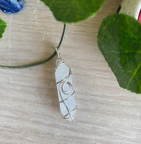 Clear Quartz Silver Vine Green Cord Necklace