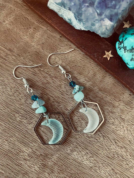 Mixed Crystal Glass Moon Hexagon Earrings