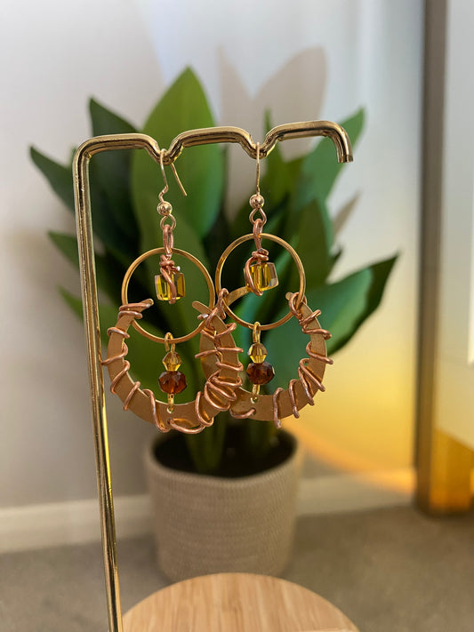 Gold Crescent Moon Amber Bead Bronze Wrapped Earrings