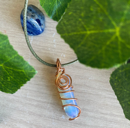 Bronze Wrapped Opalite Green Cord Necklace