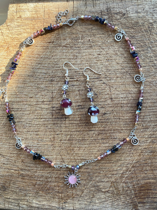 Blue Moonstone Purple Mushroom Sun Necklace And Earrings Set