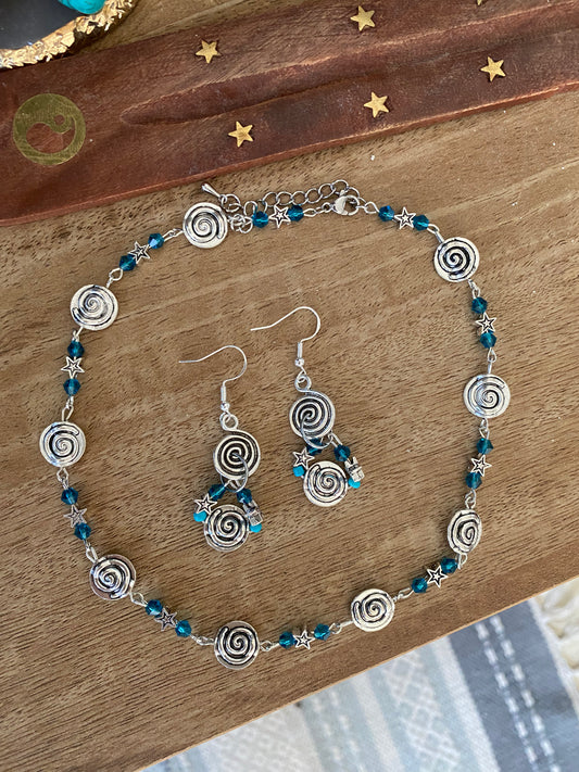 Blue Choker Style Star Necklace And Earrings Set