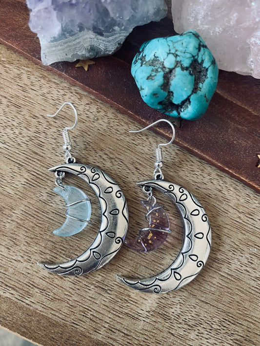 Glass Silver wrapped Moon earrings