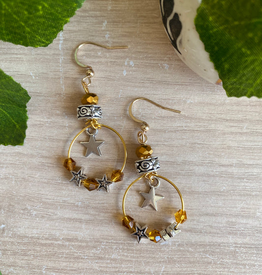 Gold Amber Silver Star Gold Hoop Earrings